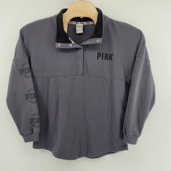 PINK Victoria's Secret Tops - Victoria's Secret PINK Pullover Sweatshirt‎ Womens Medium Gray Snap Neck Logo